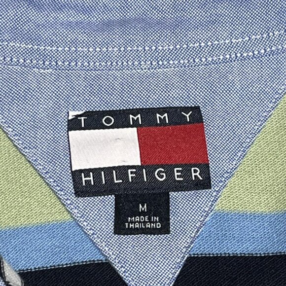 Tommy Hilfiger Polo Shirt Mens Medium Blue Green Striped Rugby Short Sleeve Golf - Picture 6 of 12